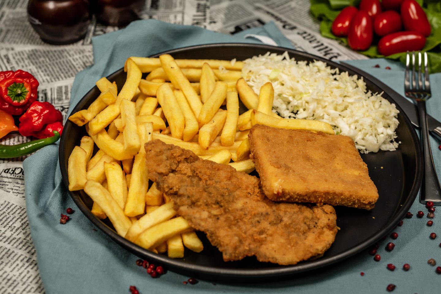 Răsfăț culinar: șnițel de pui, cașcaval pane, cartofi prăjiți și sosul casei – o combinație perfectă de gusturi!